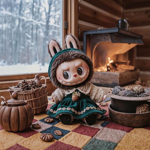 تصویر لبوبو با لباس سبز و شومینه برای دکوراسیون گرم زمستانی