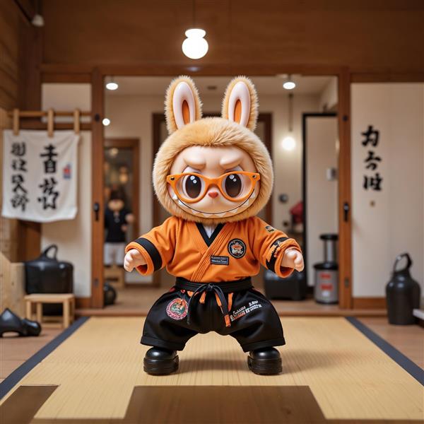 طرح لبوبو با لباس جودو و عینک برای تابلو دکوراتیو اتاق ورزشکار