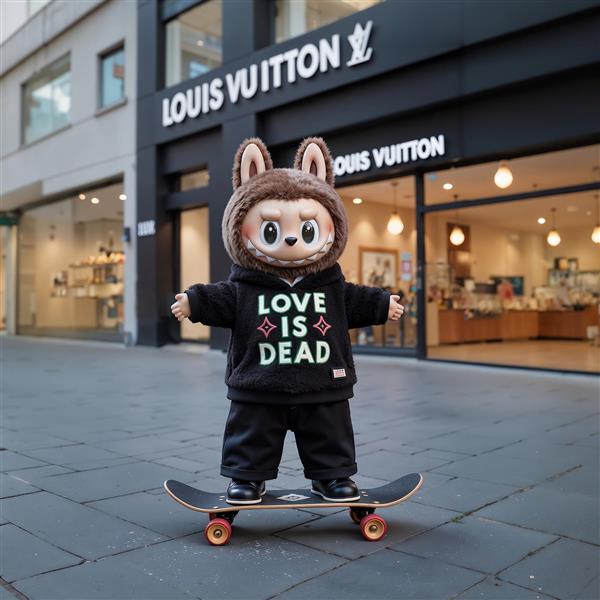 طرح لبوبو با لباس مشکی و اسکیت‌بورد برای پوستر اتاق نوجوان اسپرت