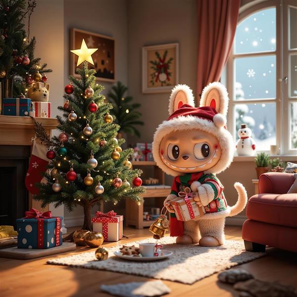 تصویر لبوبو با لباس بابا نوئل کنار درخت کریسمس برای دکور زمستانی