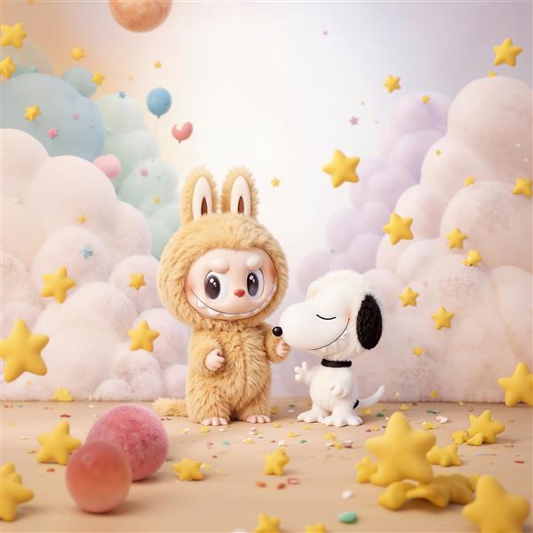 تصویر لبوبو و سگ در میان ابرهای فانتزی برای پوستر اتاق کودک