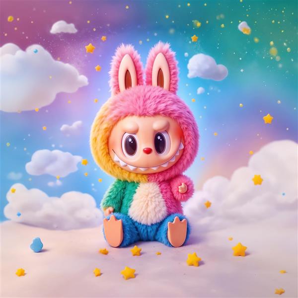 تصویر فانتزی لبوبو با لباس رنگین‌کمانی برای پوستر اتاق کودک و نوجوان