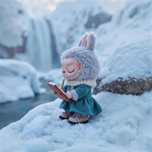 تصویر لبوبو در حال مطالعه در منظره برفی برای تابلو دکوراتیو زمستانی