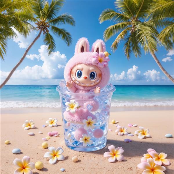 عکس فانتزی لبوبو در لیوان یخ کنار دریا برای چاپ روی کوسن و ماگ