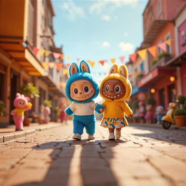 عکس فانتزی دو لبوبو در خیابان شهر شاد برای چاپ پرده اتاق کودک