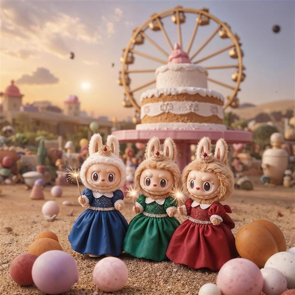 طرح فانتزی سه لبوبو با لباس‌های مجلسی برای پوستر اتاق کودک