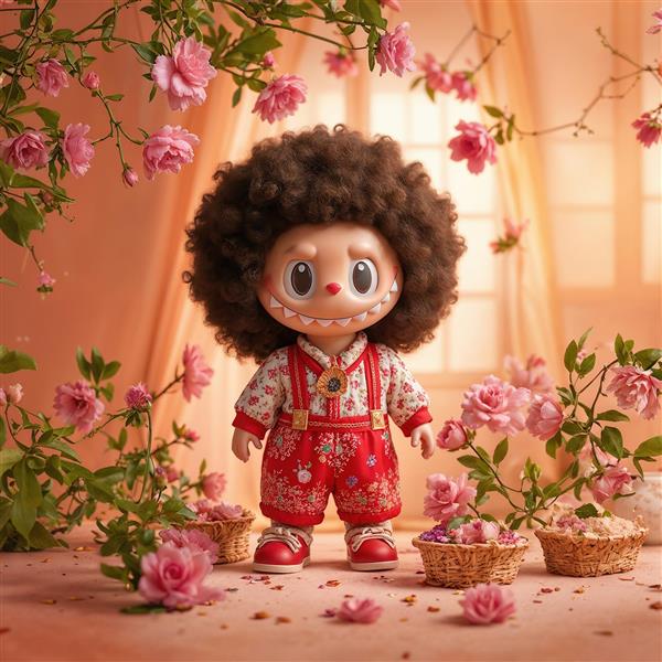 طرح رمانتیک لبوبو با موی فر در گلستان رز صورتی برای چاپ دکوراتیو