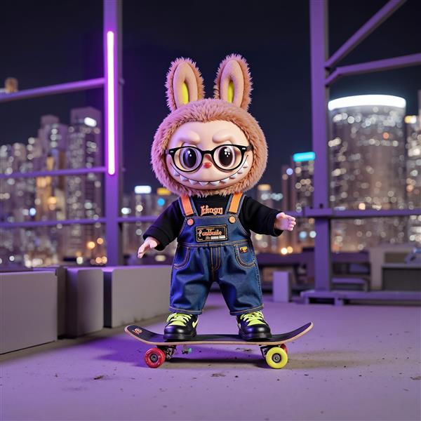 عکس فانتزی لبوبو با عینک روی اسکیت‌بورد برای تابلو اتاق نوجوان