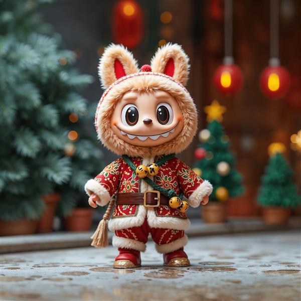 عکس لبوبو در لباس سنتی قرمز با زنگوله‌ها برای دکور سال نو