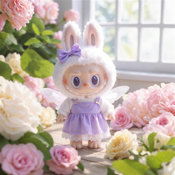 طرح لبوبو فرشته با لباس یاسی و بال در باغچه پر از گل برای اتاق دخترانه