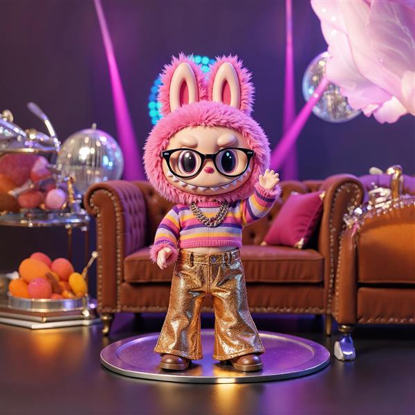 تصویر لبوبو با لباس طلایی دیسکو و عینک در مهمانی برای پوستر مدرن