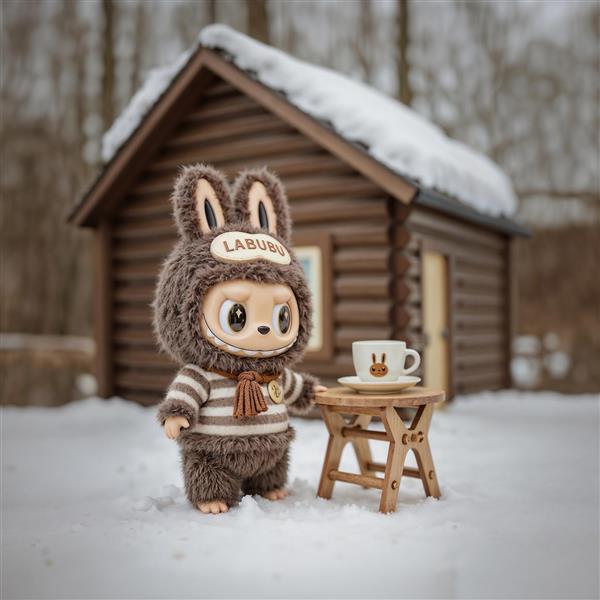 عکس لبوبو در کلبه برفی زمستانی با فنجان چای برای دکور منزل