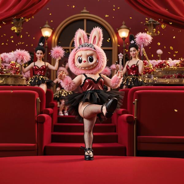 طرح لبوبو در لباس باله و دامن پف‌دار در صحنه تئاتر باکیفیت