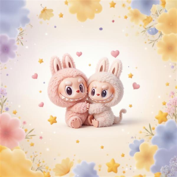 تصویر دو لبوبوی عاشقانه با قلب‌های کوچک برای چاپ روتختی و کوسن