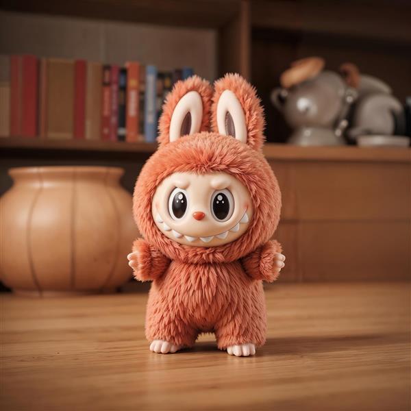 تصویر لبوبو پشمالوی نارنجی در فضای داخلی برای چاپ روی کوسن