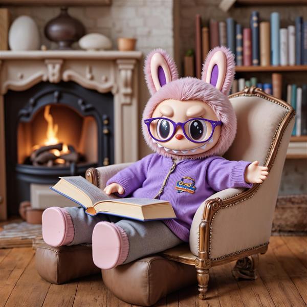 عکس لبوبو عینک‌دار در حال مطالعه کنار شومینه برای پوستر اتاق مطالعه