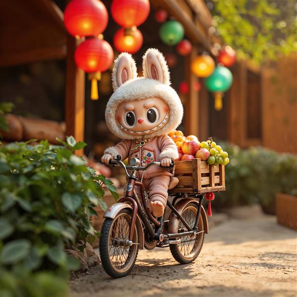 عکس لبوبو دوچرخه‌سوار با سبد میوه در کوچه آسیایی باکیفیت