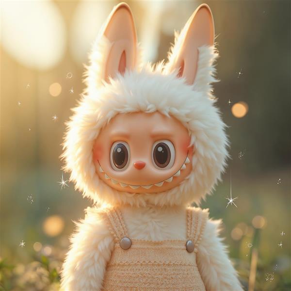 طرح لبوبو دخترانه در لباس باغبانی در طبیعت با نور آفتاب برای پوستر