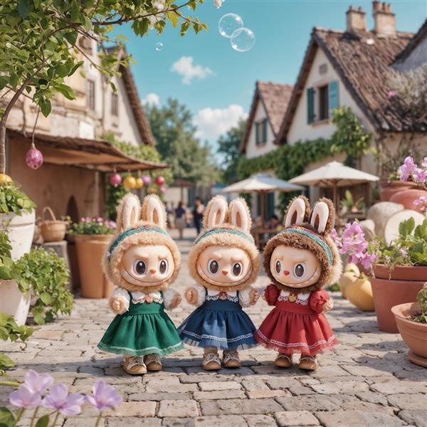 تصویر لبوبوهای فانتزی با لباس‌های سنتی در کوچه سنگی باکیفیت