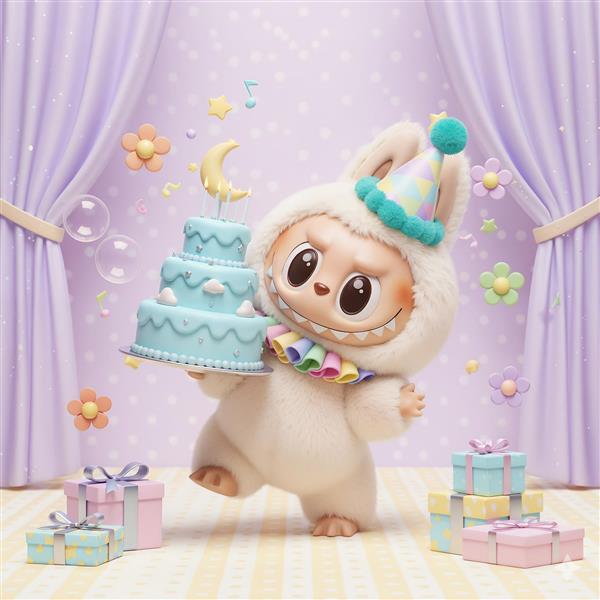 طرح لبوبو جشن تولد با کیک آبی آسمانی برای چاپ روی پرده و روتختی