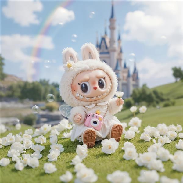 تصویر لبوبو فرشته در چمنزار گل سفید با قلعه در پس‌زمینه فانتزی