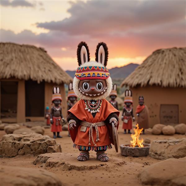 طرح لبوبو قبیله‌ای کنار آتش در غروب برای چاپ روی کوسن و پرده