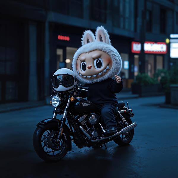 تصویر لبوبو با موتور هارلی مشکی در شب برای پوستر اتاق نوجوانان