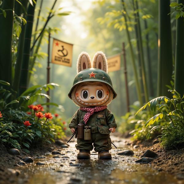 عکس لبوبو سرباز در لباس چریکی در جنگل بامبو برای پوستر نوجوان