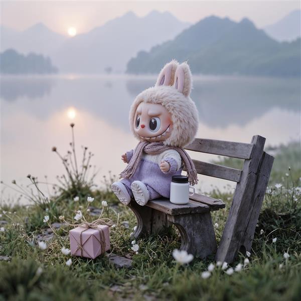 طرح لبوبو غمگین روی نیمکت کنار دریاچه مه‌آلود برای پوستر آرامش بخش