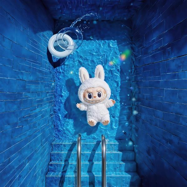 عکس لبوبو سفید شناور در آب استخر آبی برای پوستر پرده حمام