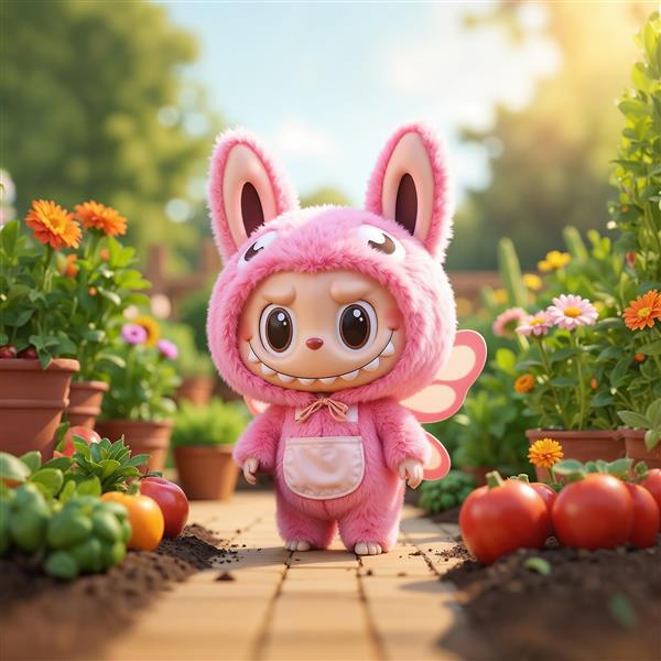 طرح لبوبو فرشته صورتی در حال باغبانی در باغچه پر گل باکیفیت