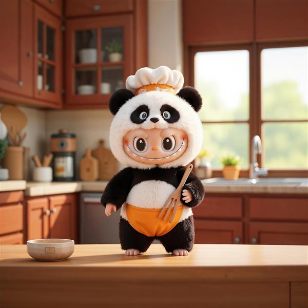 تصویر لبوبو آشپز با لباس خرسی پاندا در آشپزخانه چوبی باکیفیت