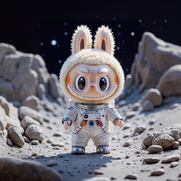 طرح لبوبو فضانورد با لباس سفید روی سطح کره ماه برای تابلو سه‌بعدی