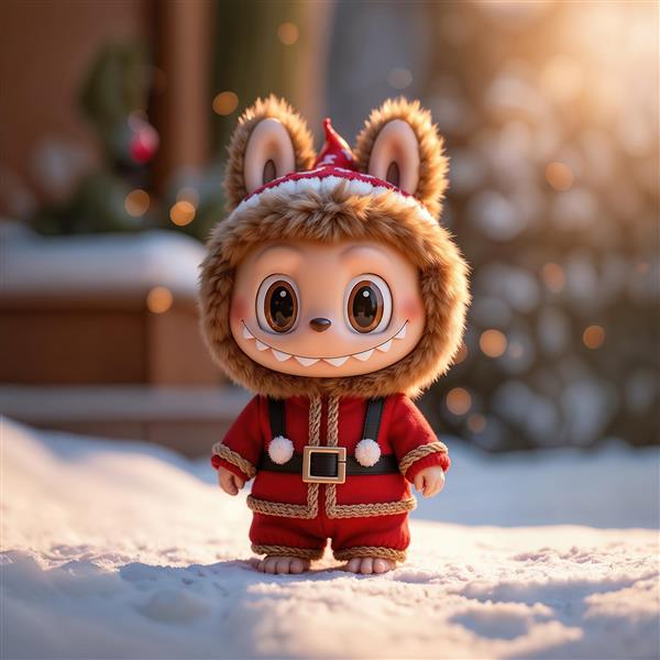 عکس لبوبو کریسمس با لباس قرمز و کلاه در برف برای پوستر زمستانی