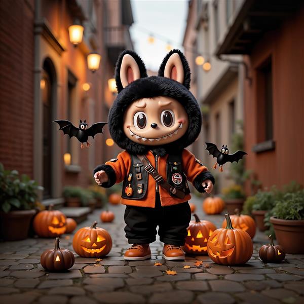 تصویر لبوبو هالووین در کوچه تاریک با کدو و خفاش برای دکور ترسناک