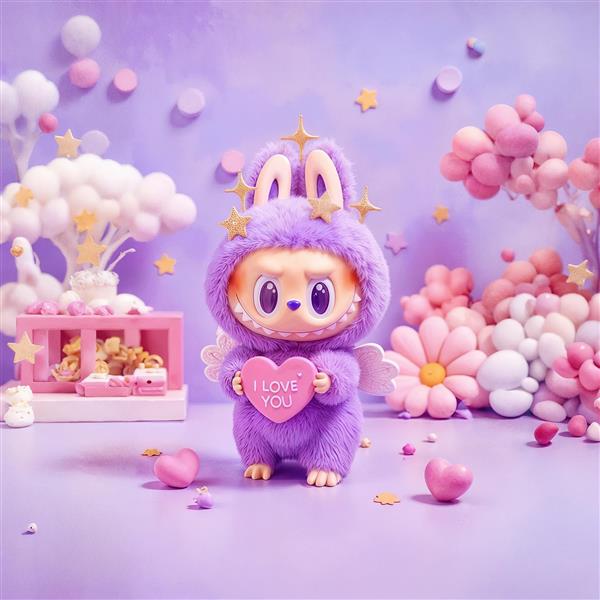 طرح فانتزی لبوبو بنفش فرشته با قلب I Love You برای پوستر ولنتاین