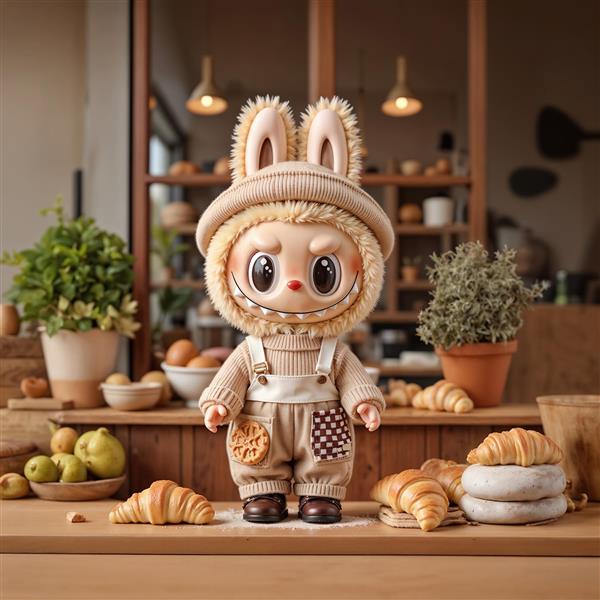 عکس لبوبو نانوا در آشپزخانه با نان کروسان برای چاپ روی ماگ و پیشبند