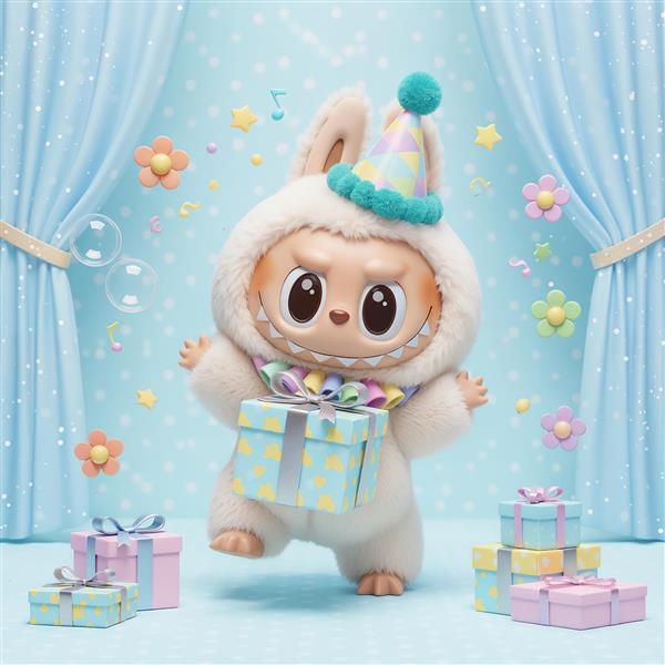 تصویر لبوبو جشن تولد با کلاه و هدیه برای چاپ روی کارت و پرده کودک