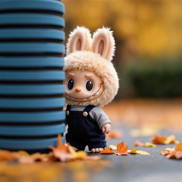 عکس لبوبو پاییزی در حال بازی پنهان با برگ‌های نارنجی برای تابلو