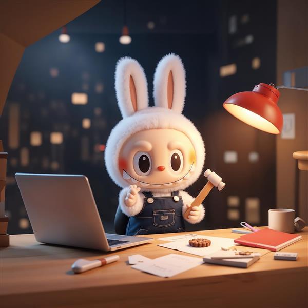 تصویر لبوبو با لپ‌تاپ در حال کار با چکش برای پوستر اتاق کار و مطالعه