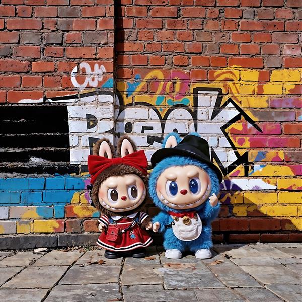 طرح دو نفره لبوبو گرافیتی روی دیوار آجری برای پوستر اتاق نوجوان