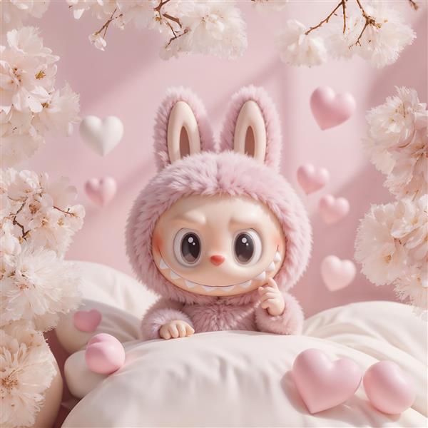 تصویر لبوبو صورتی بامزه روی تخت با قلب‌های فانتزی برای اتاق خواب