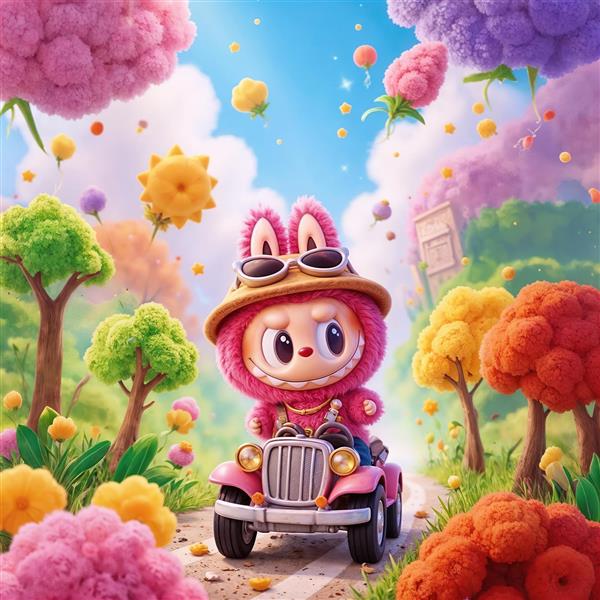 طرح فانتزی لبوبو در ماشین صورتی در جنگل پر گل برای تابلو دکوراتیو
