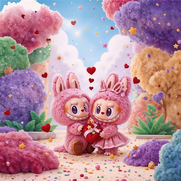 طرح لبوبوهای عاشقانه صورتی با قلب‌های قرمز برای چاپ روی روتختی و کوسن