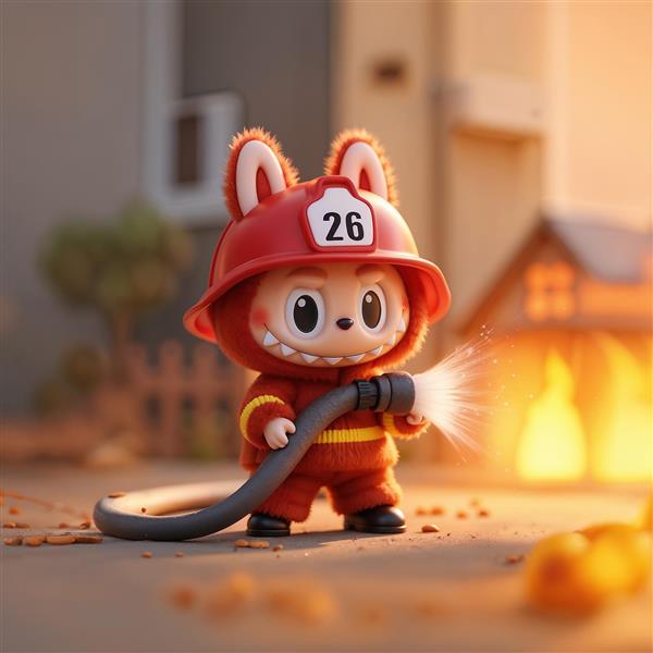 عکس شخصیت لبوبو آتش‌نشان با کلاه ایمنی قرمز باکیفیت برای اتاق کودک