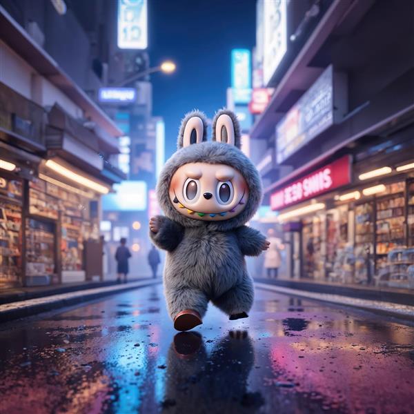 طرح لبوبو شب‌گرد در خیابان شلوغ بارانی برای پوستر و تابلو دکوراتیو جوانان