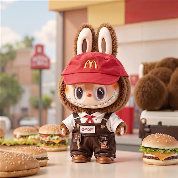 عکس لبوبو با لباس کار رستوران فست‌فود برای تابلو دکوراتیو فست فود و آشپزخانه