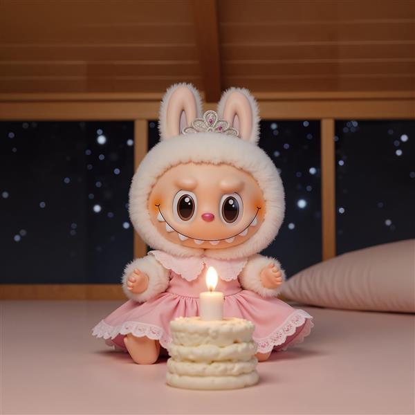 طرح لبوبو پرنسس با شمع روی تخت صورتی برای پوستر دیواری اتاق دخترانه