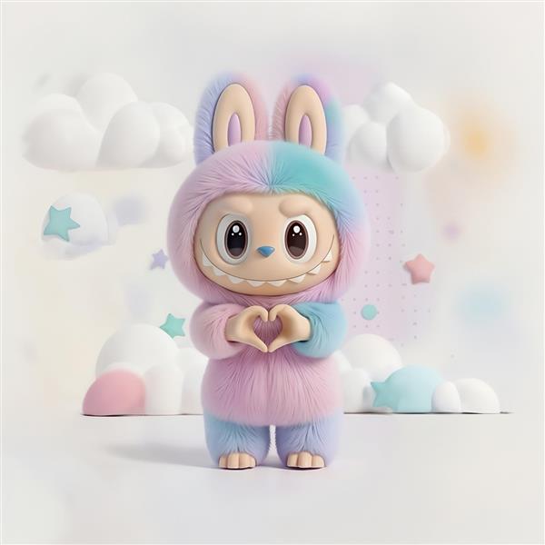 طرح لبوبو پاستلی قلبی در میان ابرها برای چاپ روی کوسن و پوستر اتاق کودک