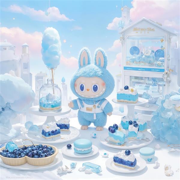 عکس لبوبو آبی در دنیای کیک و خوراکی‌های آبی فانتزی برای پوستر اتاق کودک